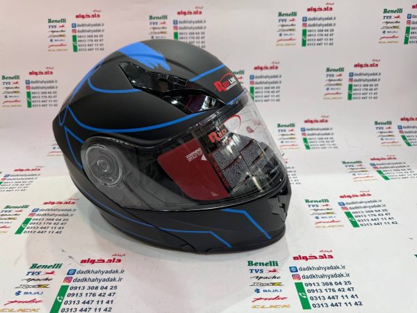 کلاه کاسکت ایمنی فک متحرک عینک دار خارجی کامل مارک RED LINE مشکی آبی مات 939 سایز لارج (L)
