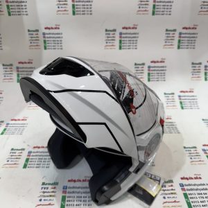 کلاه کاسکت ایمنی فک متحرک عینک دار خارجی کامل مارک RED LINE سفید مشکی 939 سایز ایکس لارج (xL)